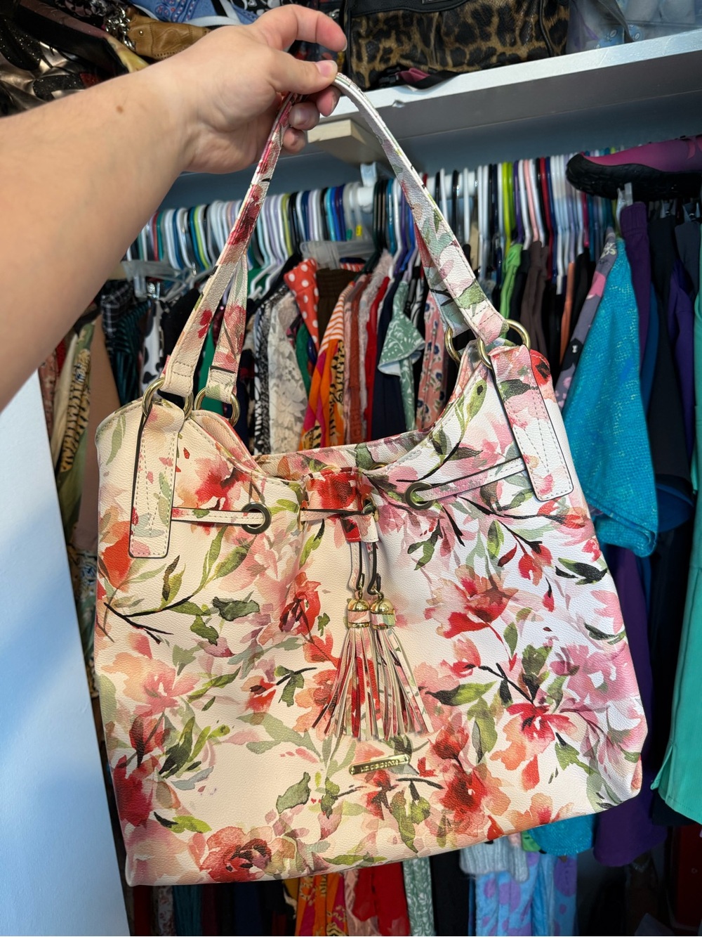 Liz Claiborne Floral Tassel Shoulder Bag - Pink, Green, Cream